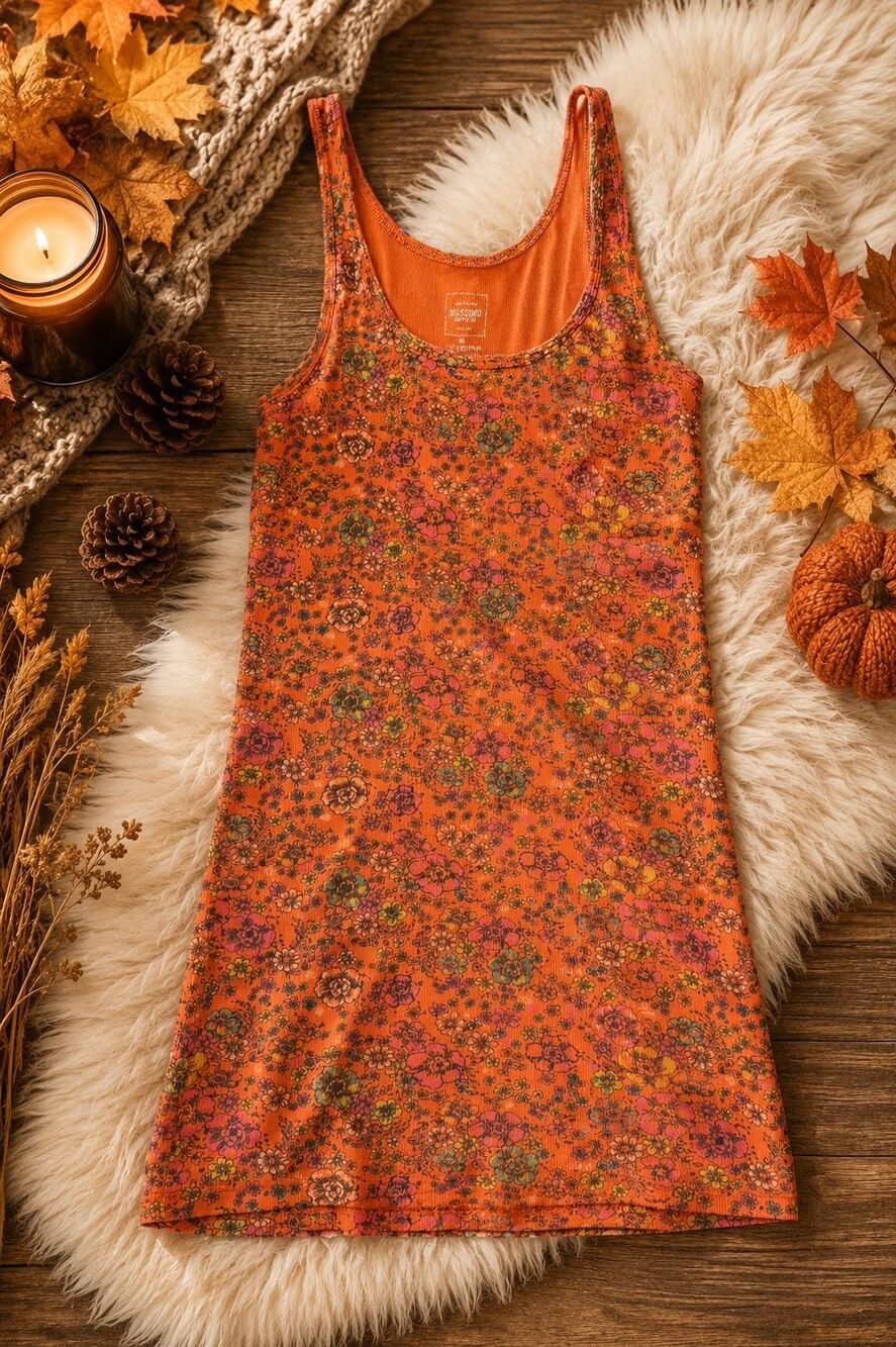 Mossimo Supply Co Women’s Large Orange Floral Ribbed Tank Top Y2K 2000s Boho Fal
